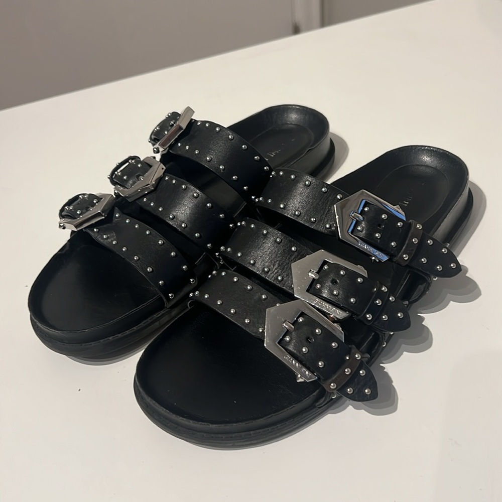 Gianni Bini Studded Triple Buckle Leather Sandals in Black and Silver